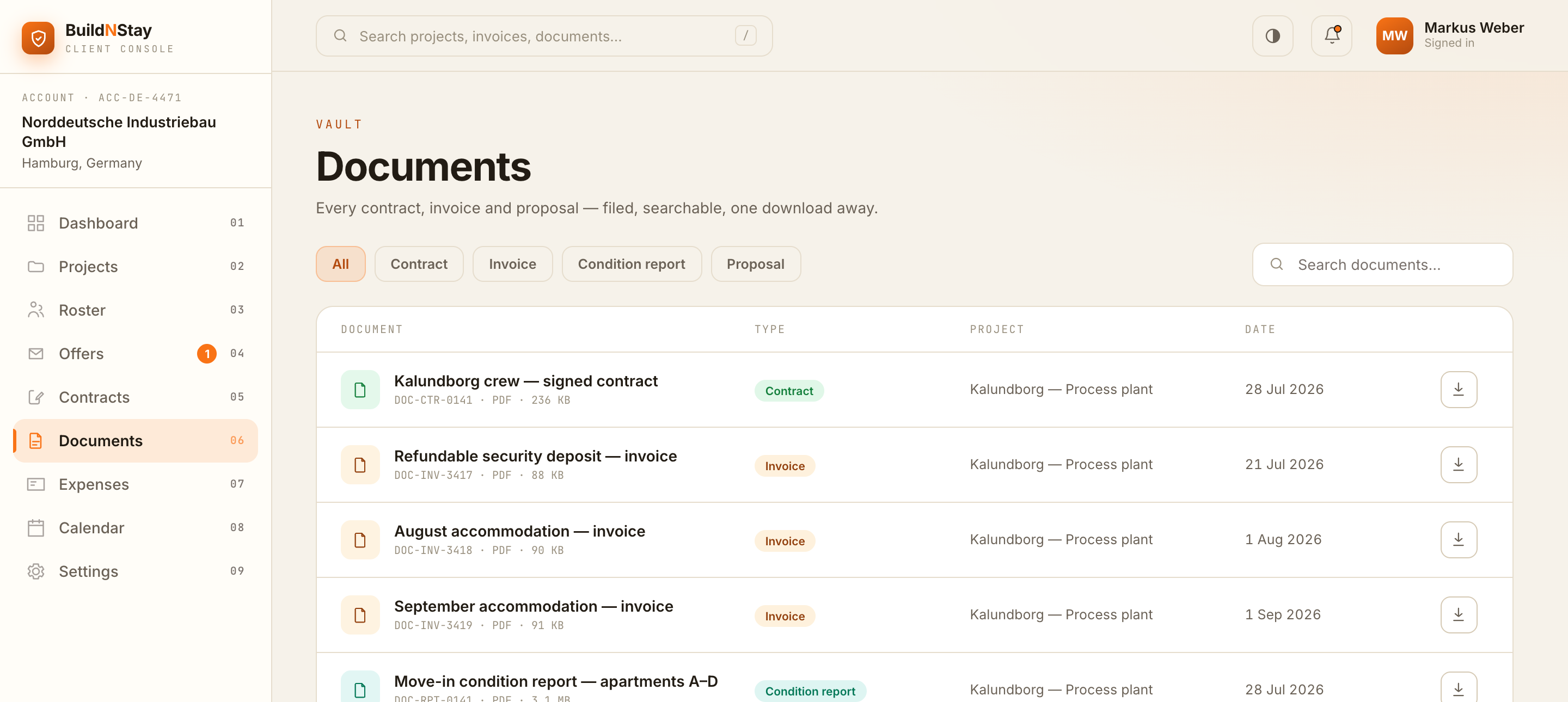 The workspace: the Documents view, with contracts, invoices and condition reports in one list